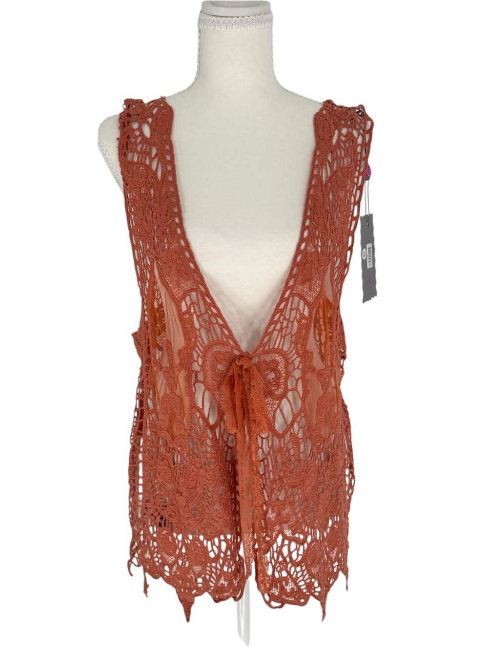 NWT Pretty Angel Festival Boho Rust Terracotta Lace Crochet Open Front Vest Top